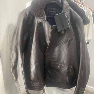 Harley Davidson Leather Jacket Mens XL Brown Shearling Collar Plaid Lined NWT
